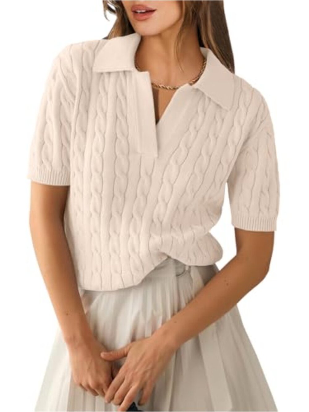 Women's V-Neck Cable Knit Short Sleeve Pullover Sweater Loose Fit Summer Top